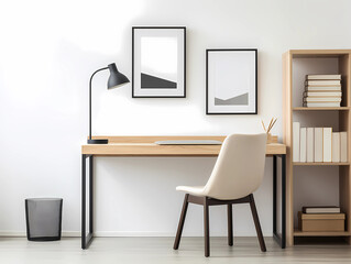 A modern minimalist study room with a light wood desk and chair