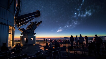 telescope observatory, with astronomers observing the night sky and distant galaxies.