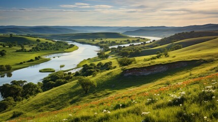 countryside landscape with rolling hills, blooming wildflowers, and a winding river in the distance. 