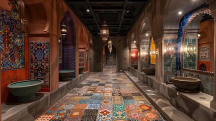 Traditional Moroccan Hammam Interior with Ornate Tiles and Lanterns