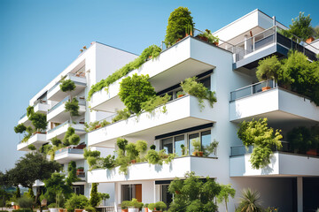 Fototapeta na wymiar A modern apartment building with balconies and plants