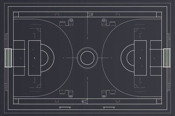 Detailed basketball handball court or field plan, blue print design, dark theme
