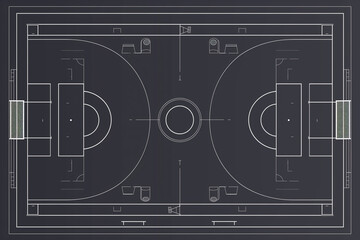 Detailed basketball handball court or field plan, blue print design, dark theme