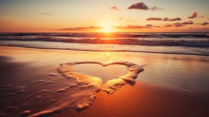 Obraz premium sunset over a tranquil beach, with a heart drawn in the sand and waves crashing gently 