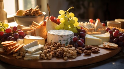 Naklejka premium Platter of assorted cheeses, crackers, and grapes, artfully arranged for a sophisticated evening soiree.