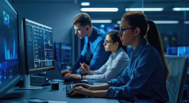 Female Manager And Male Employee In A Blue Shirt Working Together On A Computer, In An Office Background