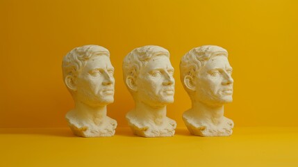 Classical ancient marble gypsum stoic, roman, greek bust, busts head sculpture against a colored background representing historical figures 