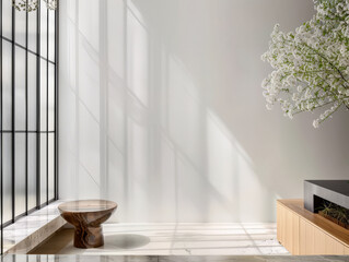 Modern interiors with natural light coming in from windows. Minimalist composition.