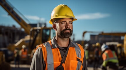 handsome male engineer wearing a hard hat and safety vest, confidently inspecting equipment at a construction site.