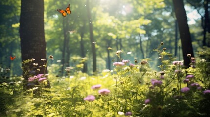 Fototapeta premium forest clearing filled with wildflowers in bloom, with butterflies fluttering among the blossoms