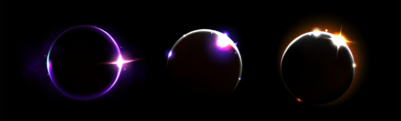 Solar eclipse and moon light neon ring vector. Fire glow in halo. Galaxy effect on fantasy sphere in purple and orange. Realistic frame overlay. Total black background and magic edge sparks energy © klyaksun