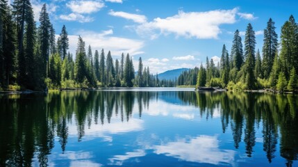 lake surrounded by towering pine trees, reflecting the clear blue sky and fluffy white clouds. - Powered by Adobe