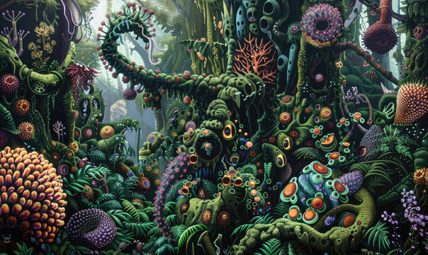 Amidst a lush rainforest teeming with life, a group of tiny, colorful microbes interact symbiotically with plants and insects The scene is captured in a vibrant painting styl