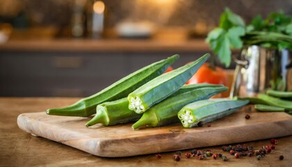 A selection of fresh vegetable: okra, sitting on a chopping board against blurred kitchen background; copy space