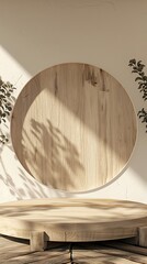 Beautiful round wooden empty podium with space for a product, light brown background, for product stage, skincare product