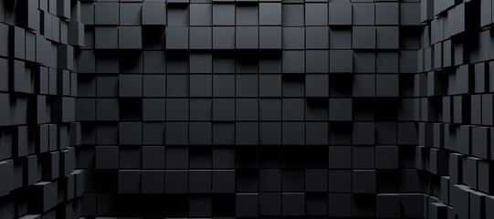A black image of a room with black cubes on the wall. The image is abstract and gives off a feeling of emptiness and loneliness