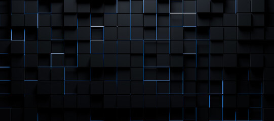 A black and blue background with squares of different sizes. The background is a dark color. Design for sports background and technology background.