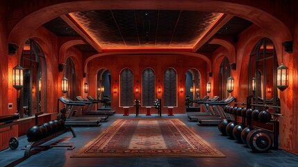Luxurious Gym Interior with Treadmills and Exercise Equipment - obrazy, fototapety, plakaty
