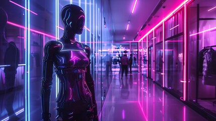 Futuristic mannequin in high tech apparel neon lights sleek mall interior - obrazy, fototapety, plakaty