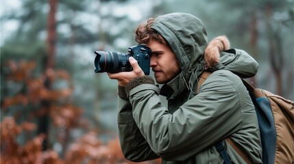 Photographer in action with camera, capturing nature Woman photographer amidst wilderness, shooting Digital photography hobby in the wild, with lenses and gear Boy shooting photos outdoors in winter A