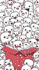 A large group of cute white marshmallow people popped out of the gift box, all smiling happily