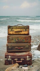 Heirlooms of travel old suitcases tower on a beach a silent story beside the whispering sea