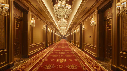 Obraz premium Lavish Hotel Corridor with Plush Red Carpet and Chandeliers