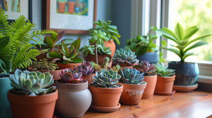  Assorted potted succulents and houseplants on a window ledge, brightening the home.