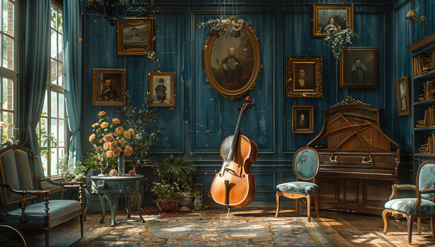 A beautiful room with blue walls, classical music instruments and pictures hanging on the wall. A cello stands in front of an antique piano. Created with Ai