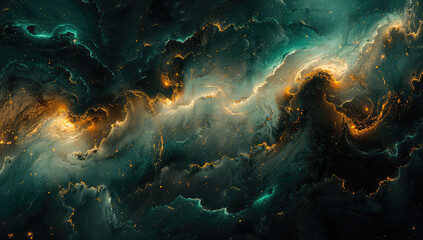 Fototapeta na wymiar A dark teal and black swirling pattern with golden veins. Created with Ai