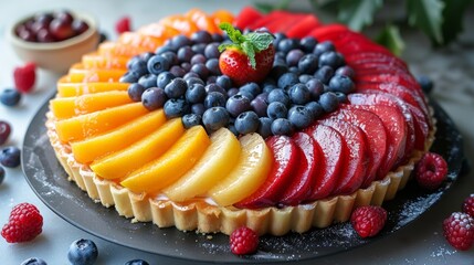  Colorful fresh fruit tart with a variety of arranged slices, a sweet and healthy treat.