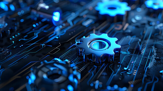 Futuristic Blue Gear wheel on circuit board, digital engineer concept hi-tech illustration.