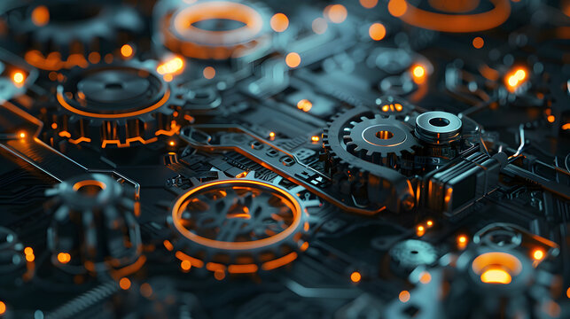 Futuristic Red Gear wheel on circuit board, digital engineer concept hi-tech illustration.