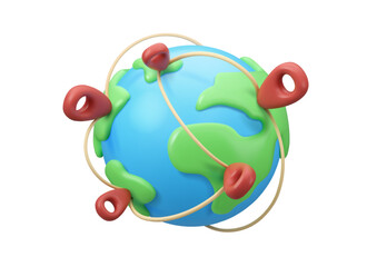 Vector 3d Earth globe with pin connectors icon. Worldwide delivery concept. Business global expansion illustration, isolated on white background. Export or international shipping idea