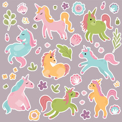 A set of stickers of magical unicorns and flowers.  
