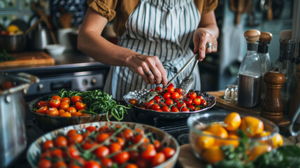  Person cooking with cherry tomatoes and fresh herbs in a rustic kitchen. - Powered by Adobe