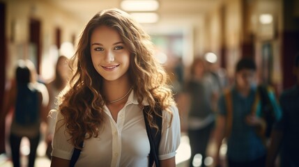 teenage girl walking confidently down a school hallway, surrounded by admiring classmates.