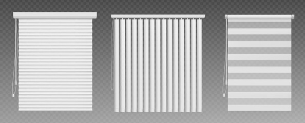 Venetian window blind. Isolated jalousie vector. Shade curtain for home and office. 3d realistic closed vertical louver design illustration. Various sunshade control with standard panel and strings