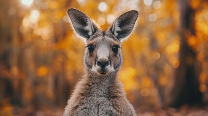 A Kangaroo Stands Alert on Its Hind Legs, Curiously Surveying Its Environment with Keen Interest.