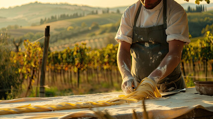 Amidst the rolling vineyards of Tuscany, a pasta maker expertly shapes fresh pasta dough under the warm Tuscan sun
