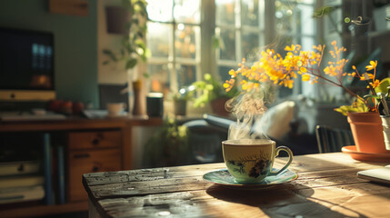 Steaming cup of coffee in a cozy home setting with natural light, perfect for a relaxed morning.