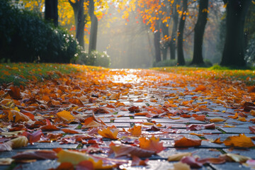 Sunlit Park Path Covered in Autumn Leaves	
