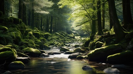 A tranquil woodland stream winding its way through a dense forest, with moss-covered rocks and ferns lining the banks