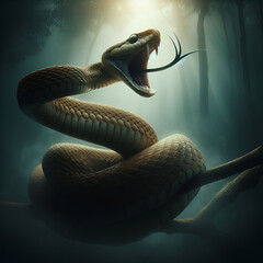 Scary realistic snake showing fangs. - obrazy, fototapety, plakaty