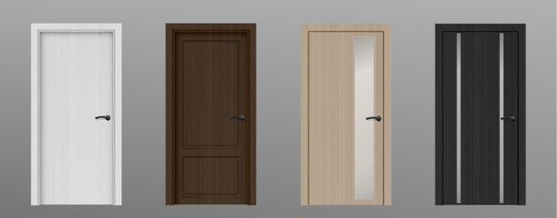 3d realistic wood front door inside modern house. Isolated office interior gate design with glass and handle. New simple white and elegant brown room entry object frame different asset closeup. - obrazy, fototapety, plakaty