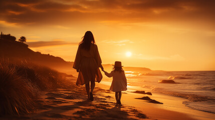 Mother walking with her child along a beach park at sunset - 784953703