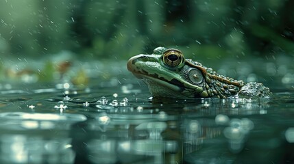Obraz premium Frog croaking loudly from the edge of a tranquil pond, its call echoing through the stillness of the night.
