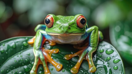 Fototapeta premium Close-up of a vibrant tree frog clinging to a rainforest leaf, its colorful markings standing out against the green foliage.
