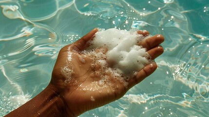 Natural skincare regimen focus on a hand applying lotion clean and pure aesthetics