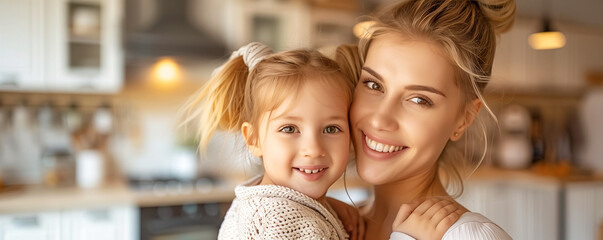 A woman holding a little girl with a smile on her cheek in the kitchen - 784953953